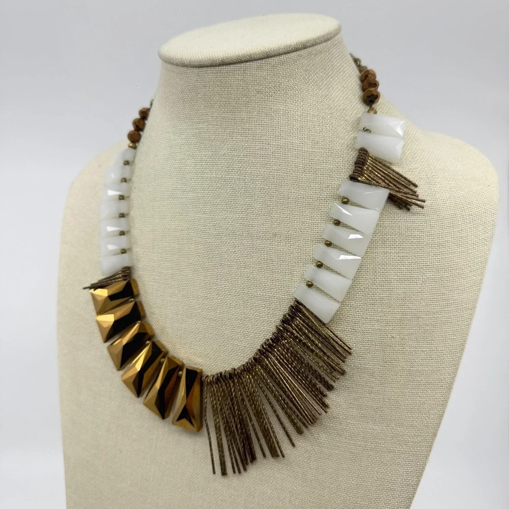 Bronze Tone  White  Geometric Bead Fringe Bib Necklace Boho Statement Jewelry